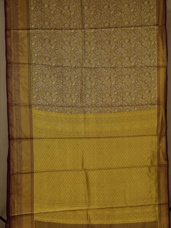 Golden Mustard Kanchipuram Inspired Semi Silk Saree with Wide Wide Contrast Border