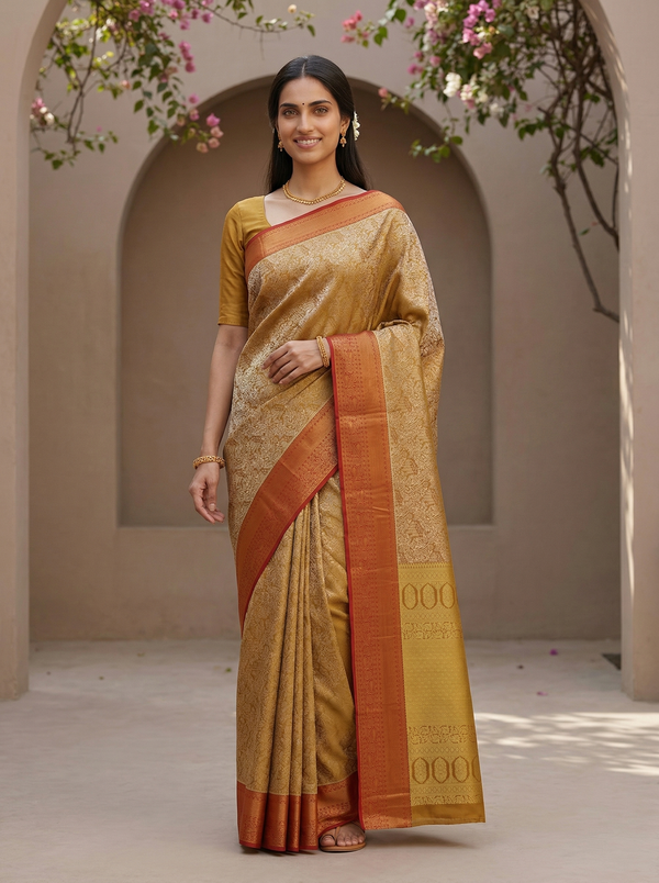 Saffron Gold Kanchipuram Inspired Semi Silk Saree with Wide Wide Contrast Border