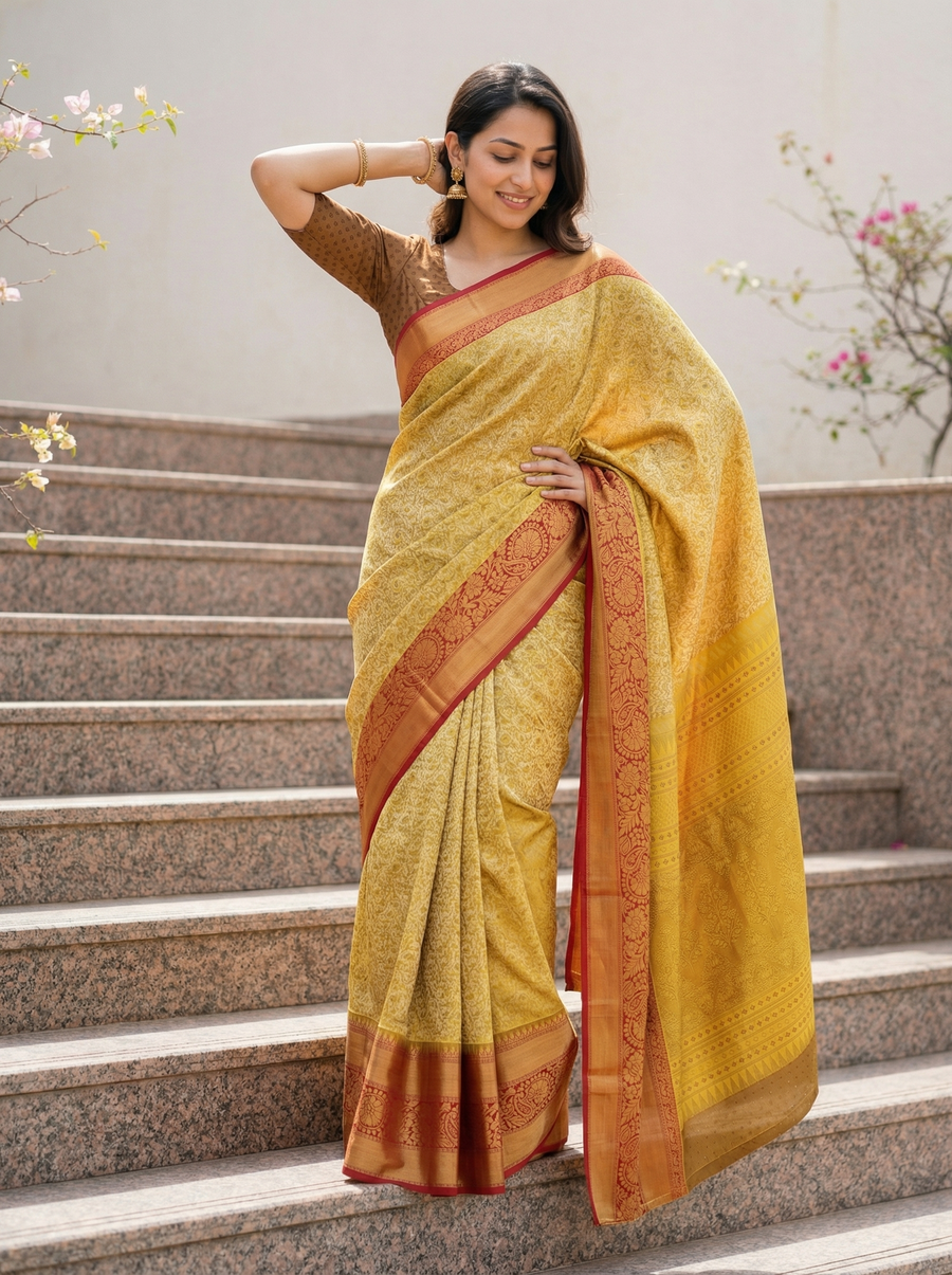 Sunset Gold Kanchipuram Inspired Semi Silk Saree with Wide Wide Contrast Border