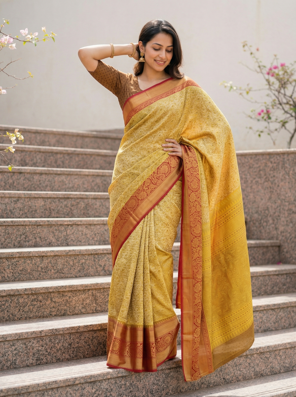 Champagne Gold Dharmavaram Inspired Semi Silk Saree with Wide Wide Contrast Border
