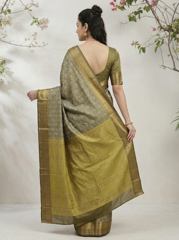 Olive Green Kanchipuram Inspired Semi Silk Saree with Wide Wide Contrast Border
