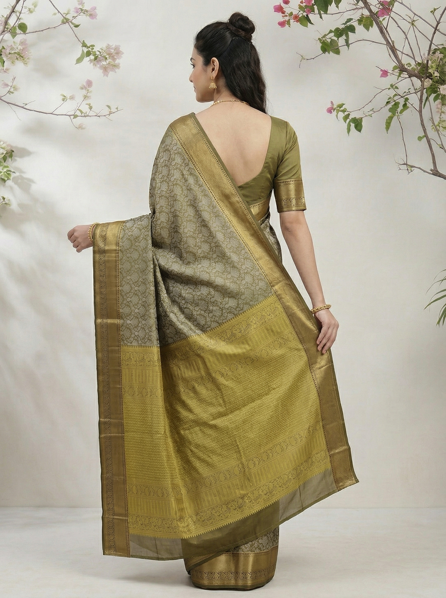 Olive Green Kanchipuram Inspired Semi Silk Saree with Wide Wide Contrast Border