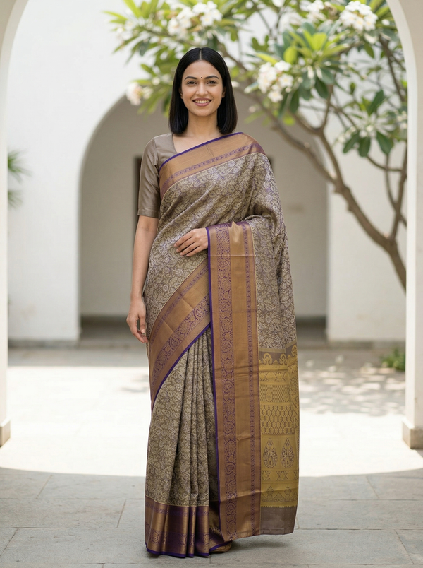 Champagne Gold Kanchipuram Inspired Semi Silk Saree with Wide Wide Contrast Border