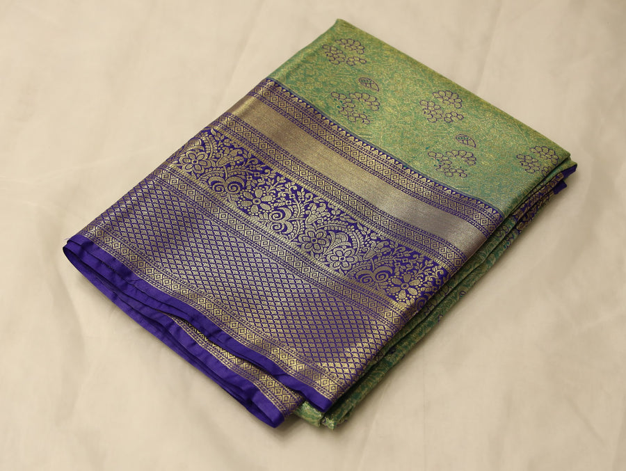 Sage Green Kanchipuram Inspired Semi Silk Saree with Wide Wide Contrast Border