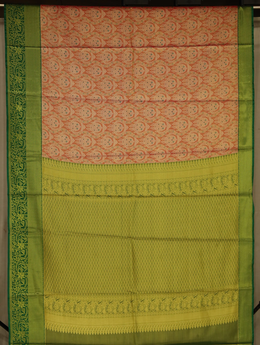 Peach Gold Kanchipuram Inspired Semi Silk Saree with Wide Wide Contrast Border
