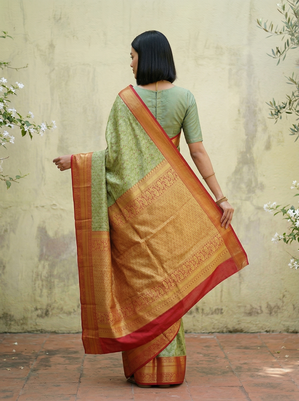 Mint Green Dharmavaram Inspired Semi Silk Saree with Wide Wide Contrast Border