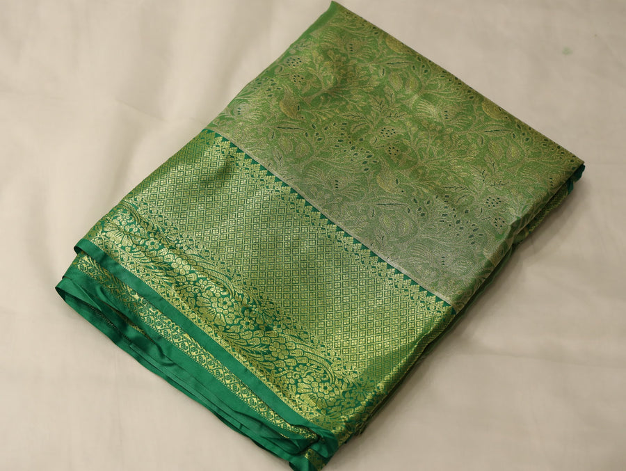 Moss Green Kanchipuram Inspired Semi Silk Saree with Wide Wide Self Border