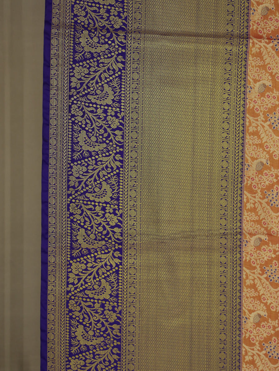 Sunset Orange Kanchipuram Inspired Semi Silk Saree with Wide Wide Contrast Border