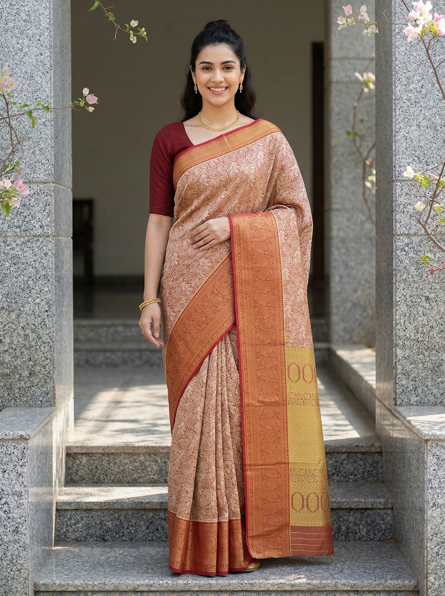 Champagne Gold Kanchipuram Inspired Semi Silk Saree with Narrow Narrow Contrast Border