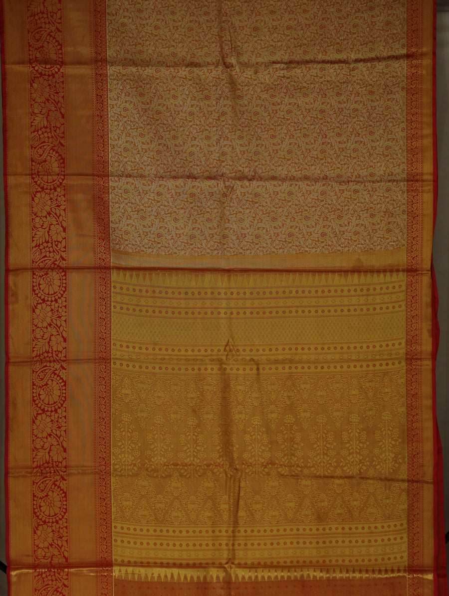 Champagne Gold Kanchipuram Inspired Semi Silk Saree with Wide Wide Contrast Border