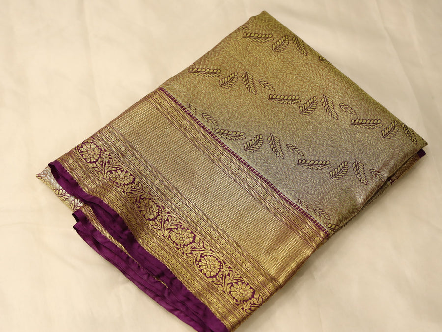 Ivory Beige Kanchipuram Inspired Semi Silk Saree with Wide Wide Contrast Border