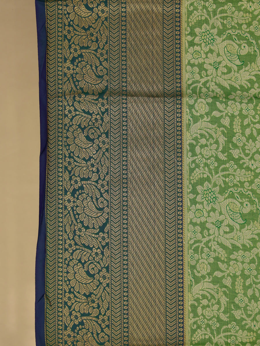 Chartreuse Green Kanchipuram Inspired Semi Silk Saree with Medium Medium Contrast Border