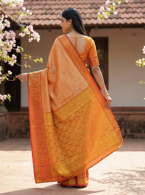 Sunset Orange Kanchipuram Inspired Semi Silk Saree with Medium Medium Contrast Border