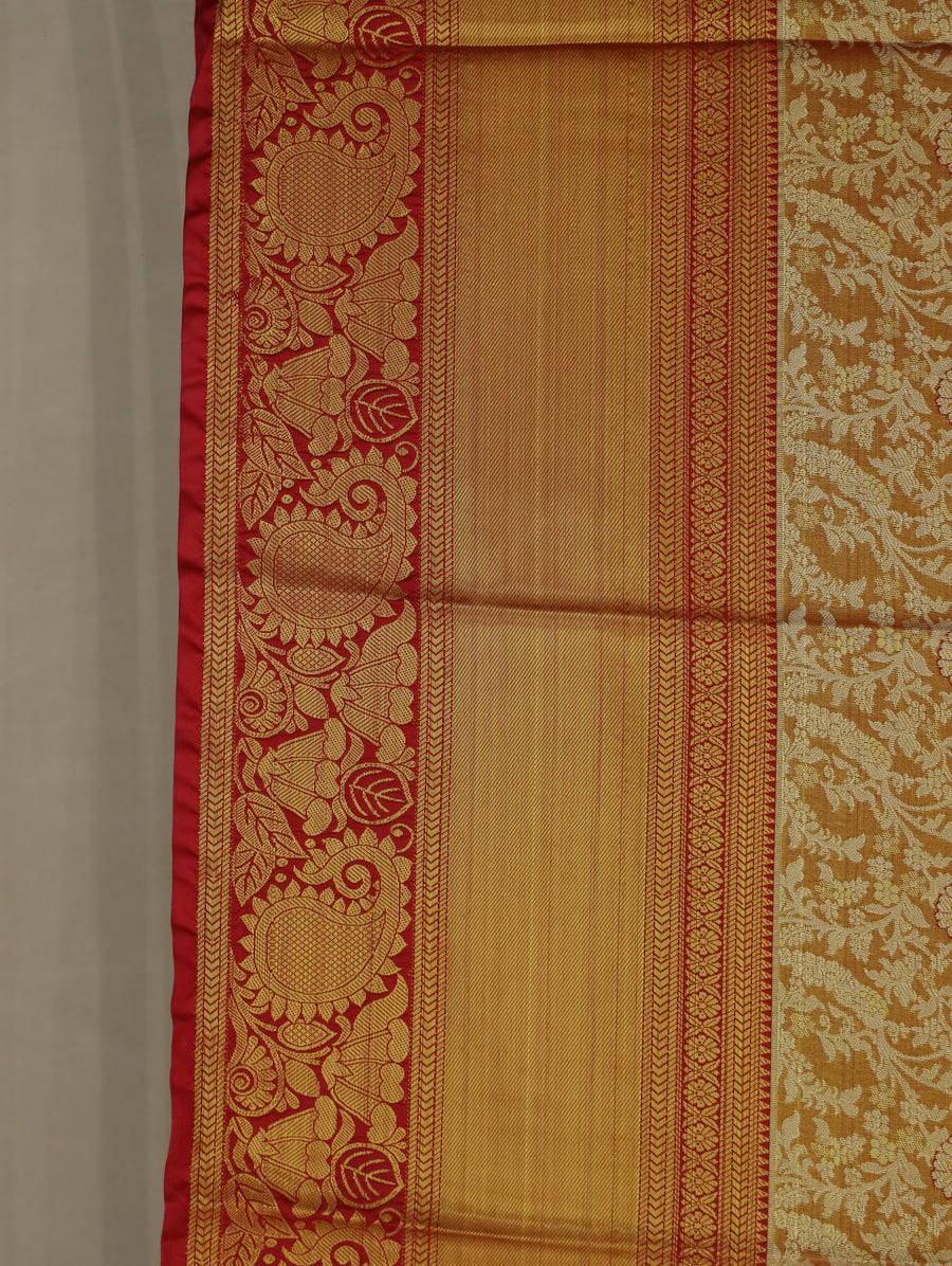Champagne Gold Kanchipuram Inspired Semi Silk Saree with Wide Wide Contrast Border