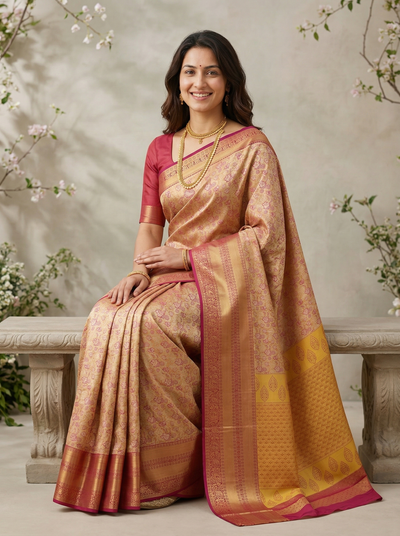 Champagne Gold Dharmavaram Inspired Semi Silk Saree with Wide Wide Contrast Border