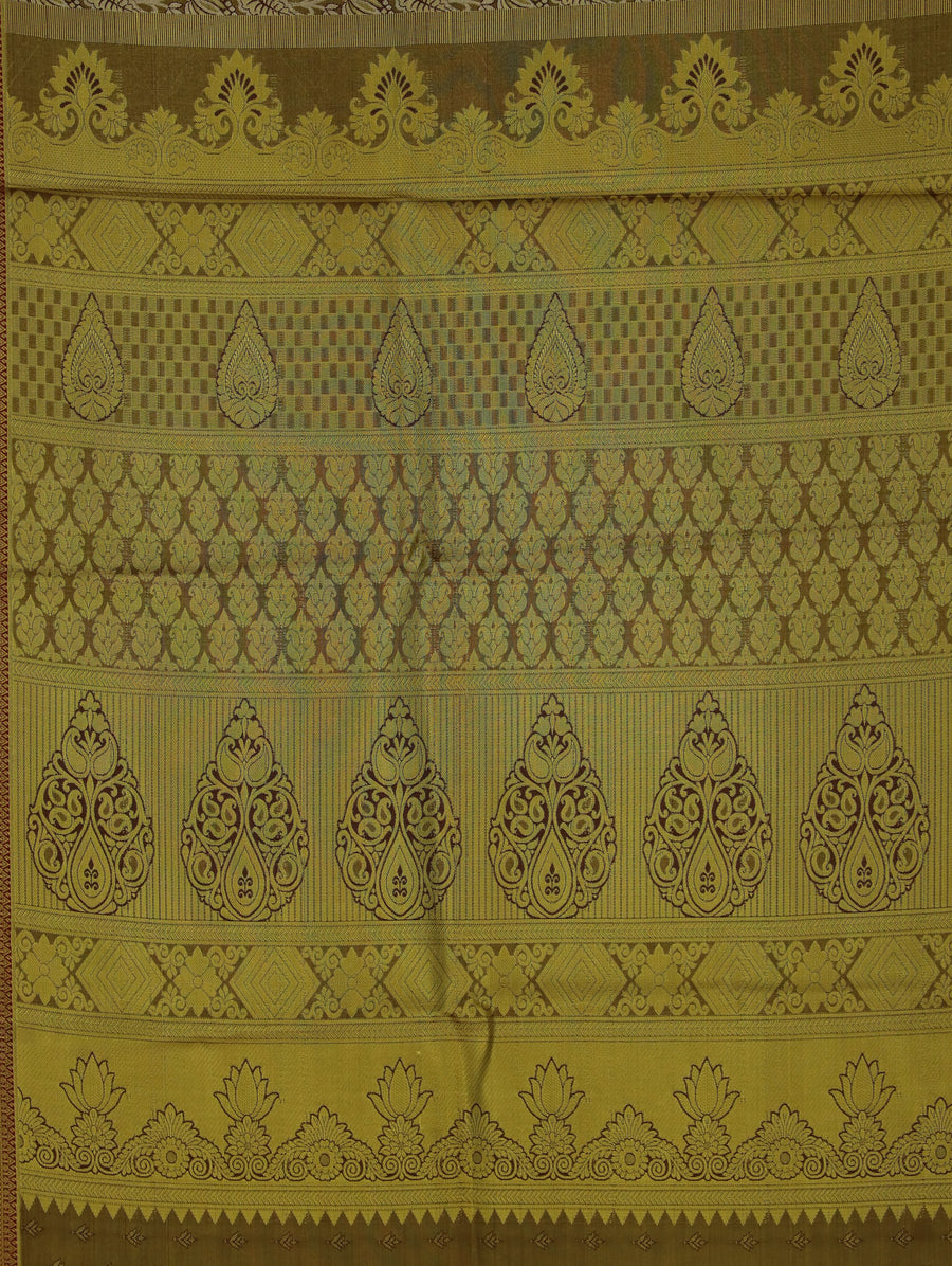 Olive Green Kanchipuram Inspired Semi Silk Saree with Medium Medium Contrast Border