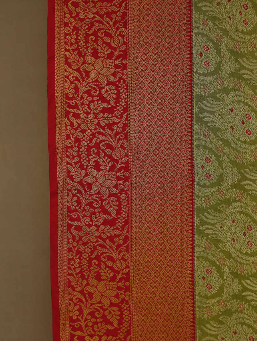 Olive Green Kanchipuram Inspired Semi Silk Saree with Medium Medium Contrast Border