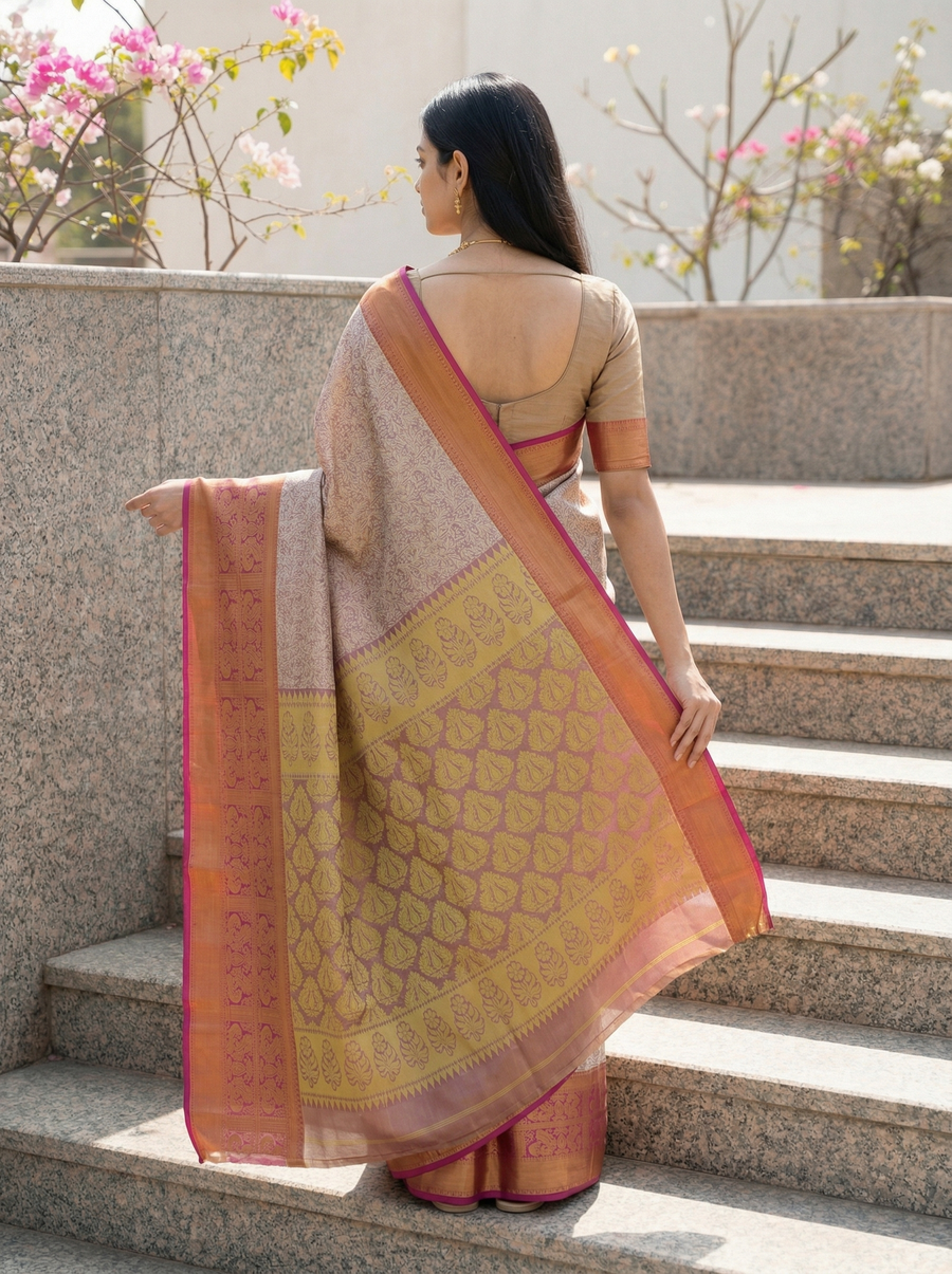 Champagne Gold Kanchipuram Inspired Semi Silk Saree with Wide Wide Contrast Border