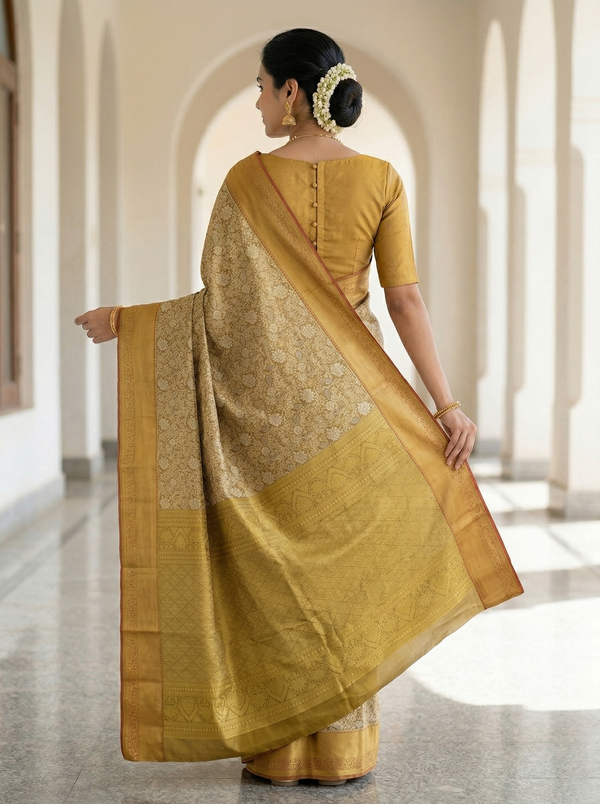 Champagne Gold Dharmavaram Inspired Semi Silk Saree with Wide Wide Contrast Border