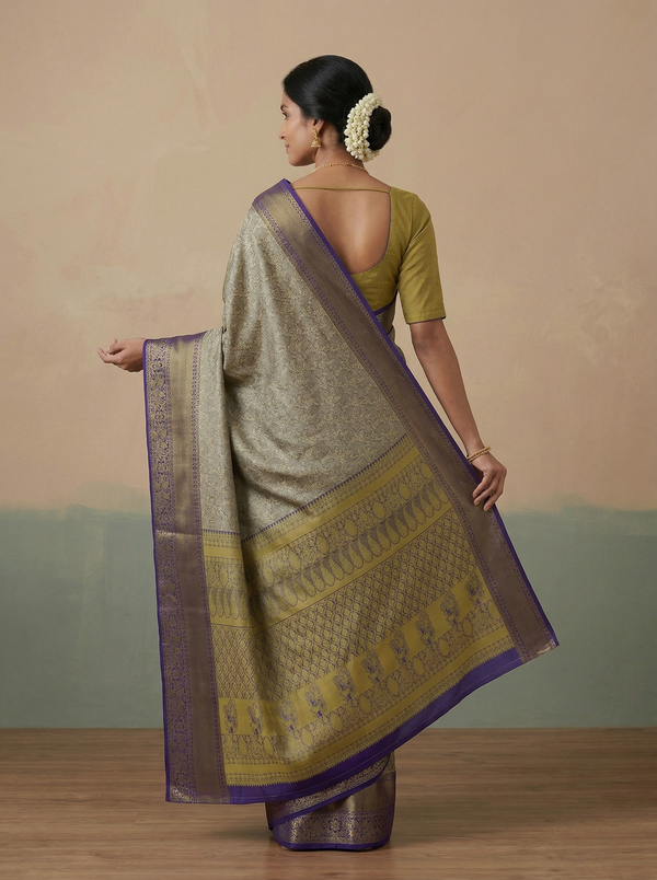 Champagne Gold Kanchipuram Inspired Semi Silk Saree with Wide Wide Contrast Border
