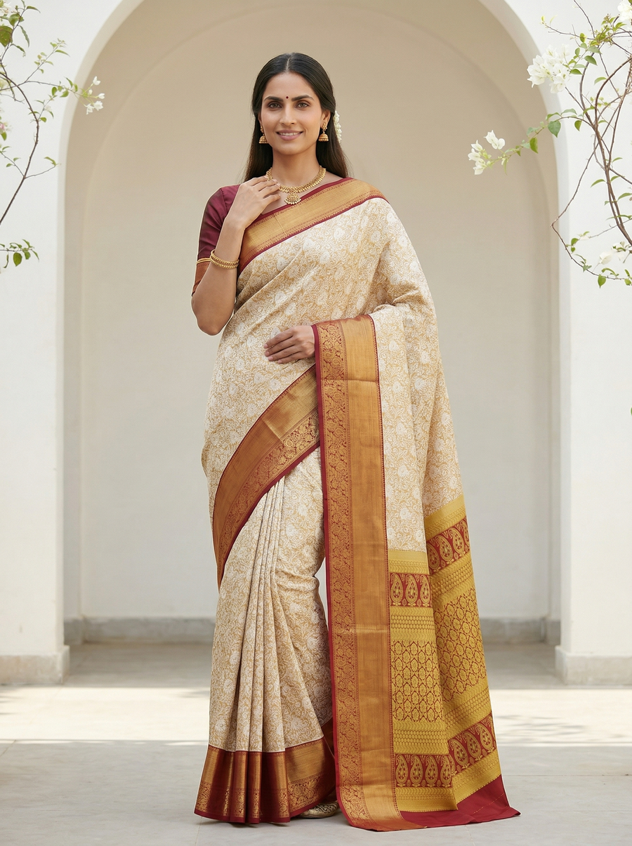 Ivory Gold Dharmavaram Inspired Semi Silk Saree with Wide Wide Contrast Border