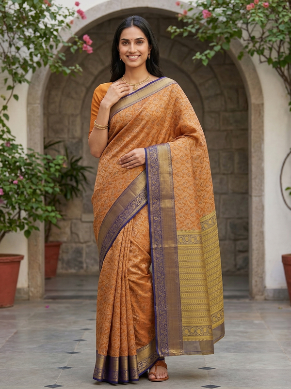 Burnt Sienna Dharmavaram Inspired Semi Silk Saree with Wide Wide Contrast Border