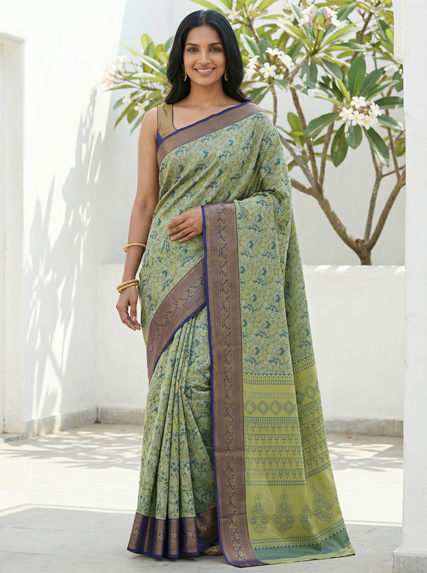 Moss Green Uppada Inspired Semi Silk Saree with Medium Medium Contrast Border