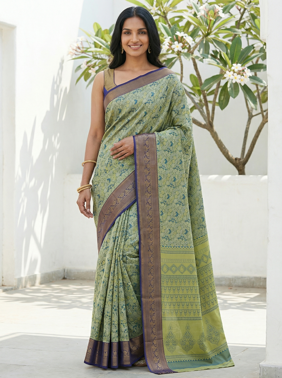Moss Green Uppada Inspired Semi Silk Saree with Medium Medium Contrast Border
