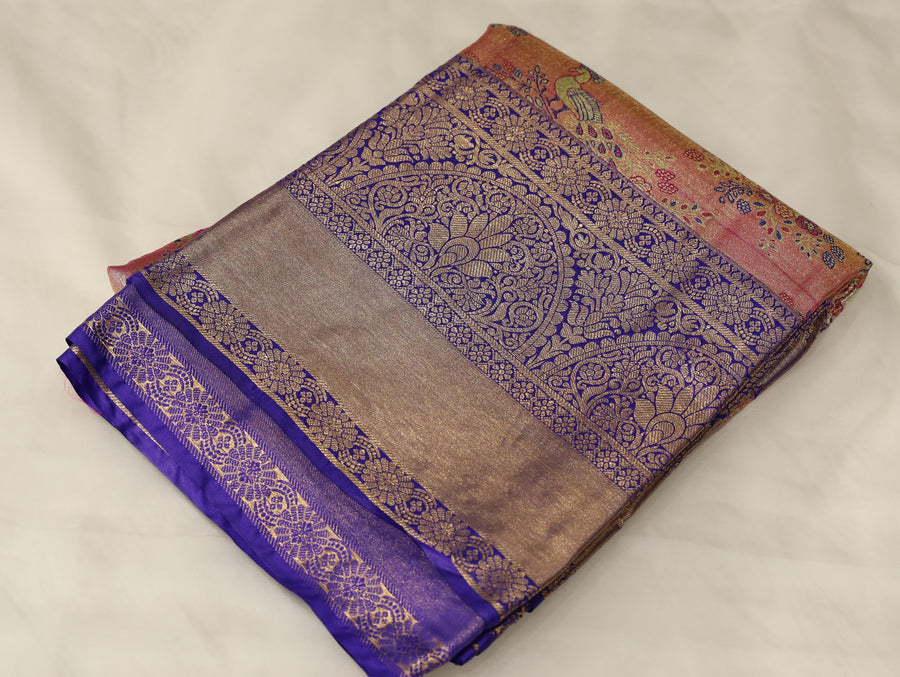 Burnt Orange Kanchipuram Inspired Semi Silk Saree with Wide Wide Contrast Border