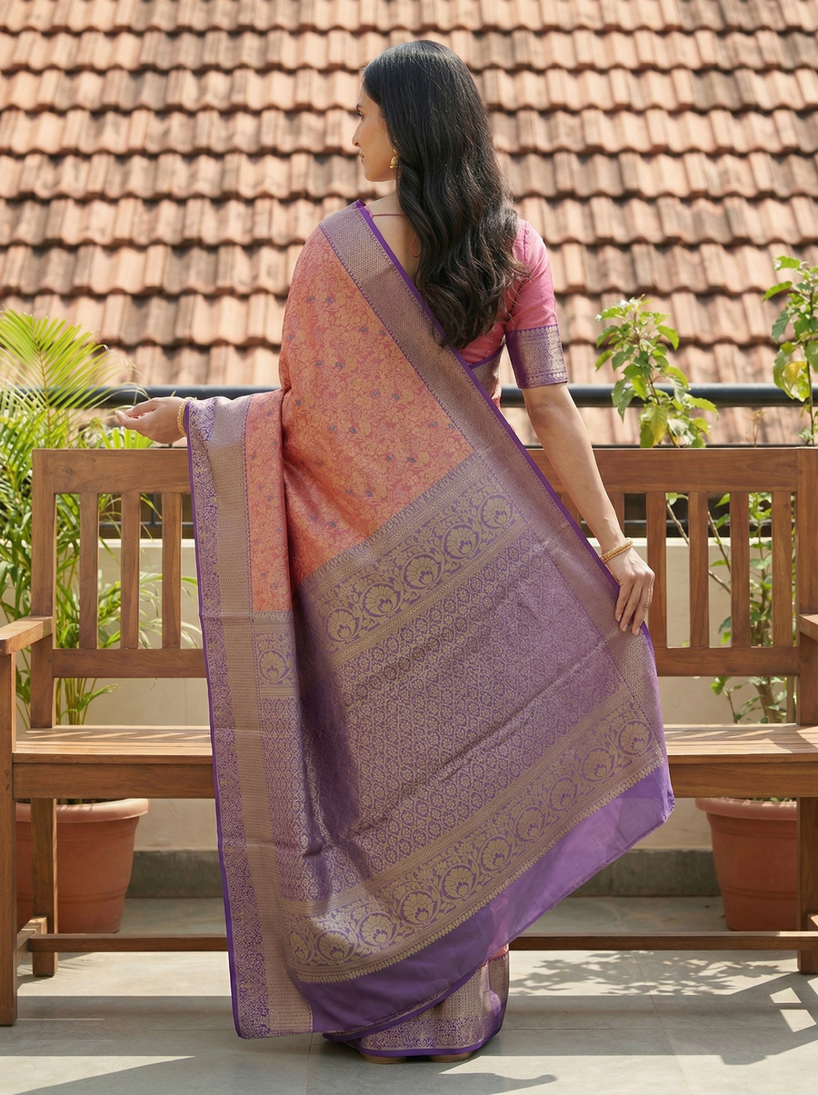 Dusty Rose Kanchipuram Inspired Semi Silk Saree with Wide Wide Contrast Border