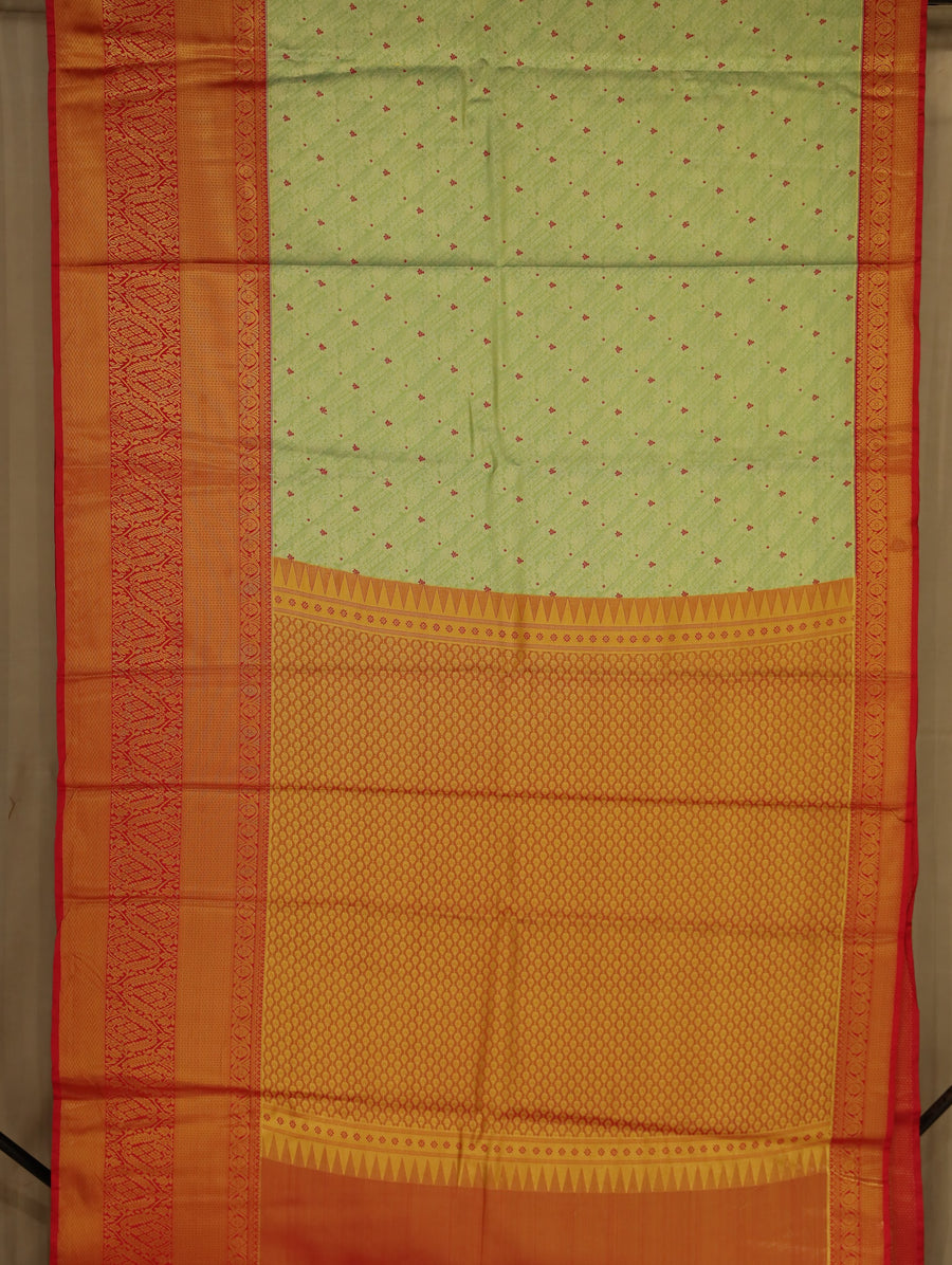 Sunset Gold Kanchipuram Inspired Semi Silk Saree with Wide Wide Contrast Border