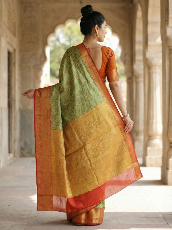 Sage Green Kanchipuram Inspired Semi Silk Saree with Wide Wide Contrast Border