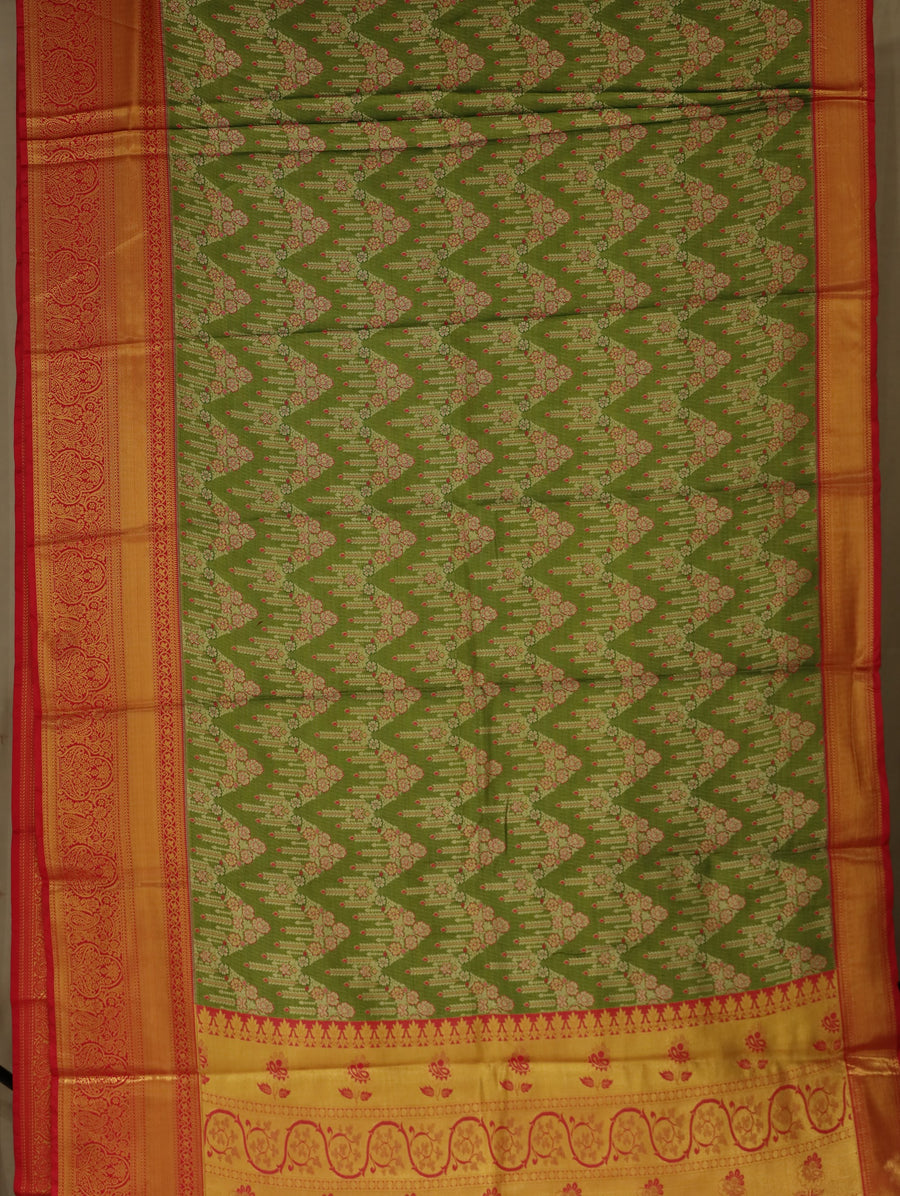 Leaf Green Kanchipuram Inspired Semi Silk Saree with Wide Wide Contrast Border
