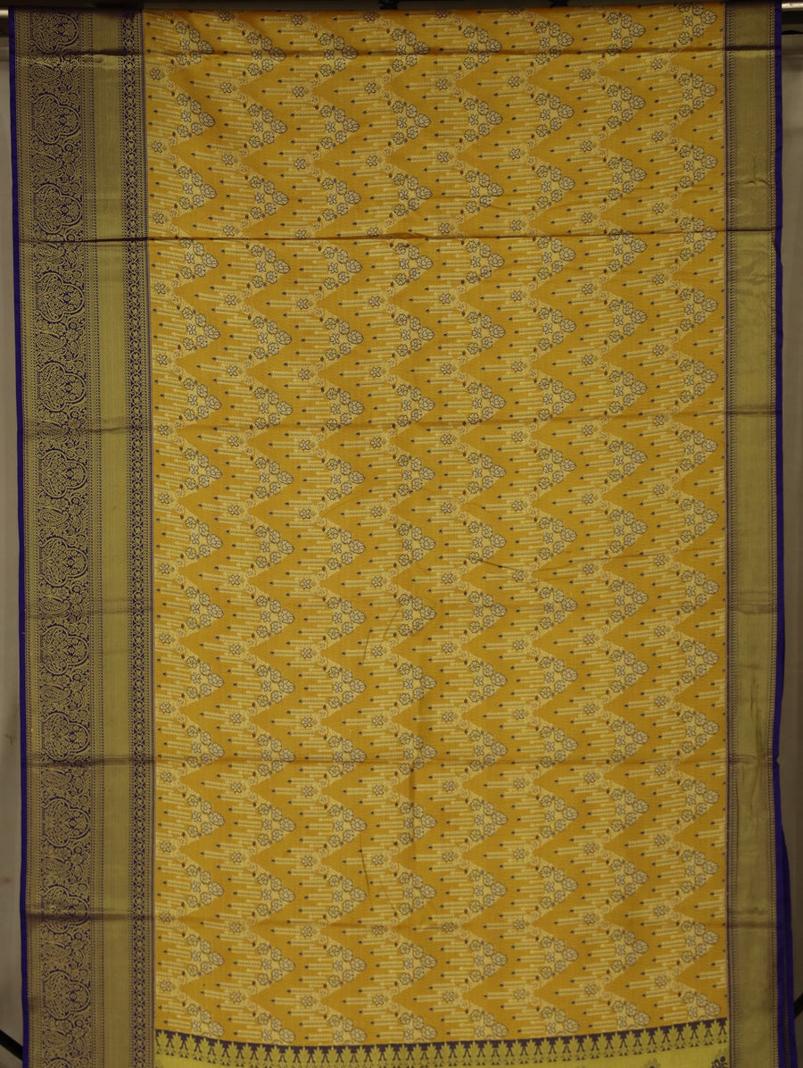 Golden Mustard Kanchipuram Inspired Semi Silk Saree with Wide Wide Contrast Border