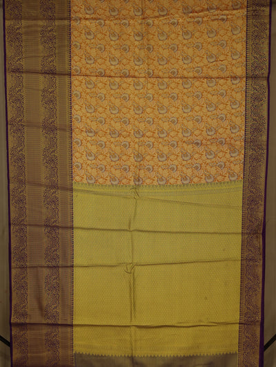 Mustard Yellow Kanchipuram Inspired Semi Silk Saree with Wide Wide Contrast Border
