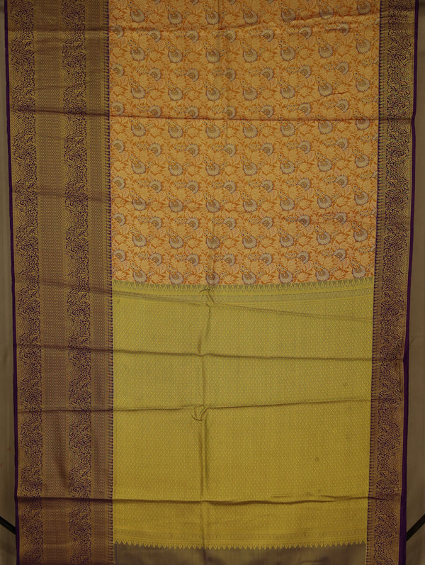 Mustard Yellow Kanchipuram Inspired Semi Silk Saree with Wide Wide Contrast Border