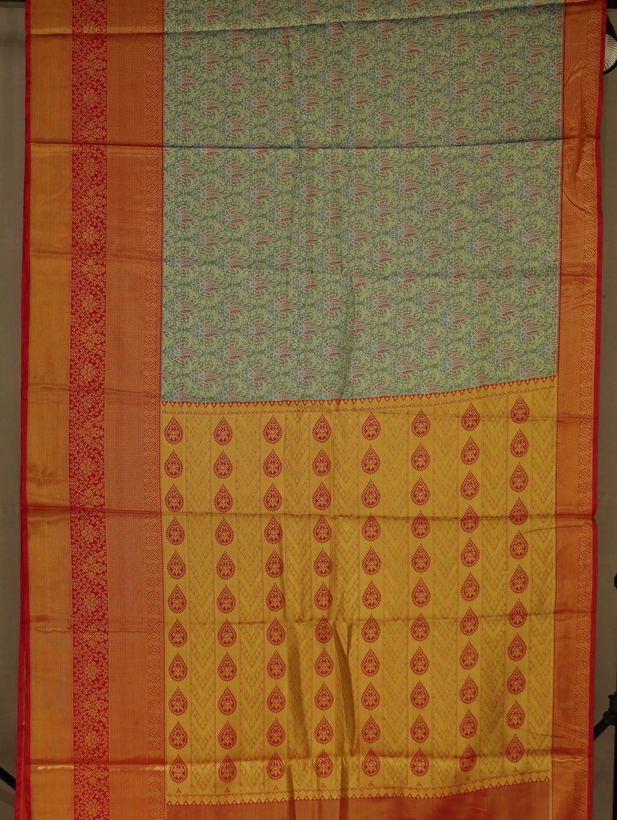 Sage Green Dharmavaram Inspired Semi Silk Saree with Medium Medium Contrast Border
