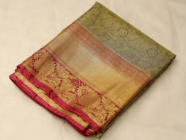 Olive Green Kanchipuram Inspired Semi Silk Saree with Wide Wide Contrast Border