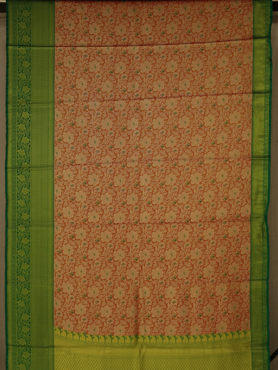 Dusty Peach Kanchipuram Inspired Semi Silk Saree with Wide Wide Contrast Border