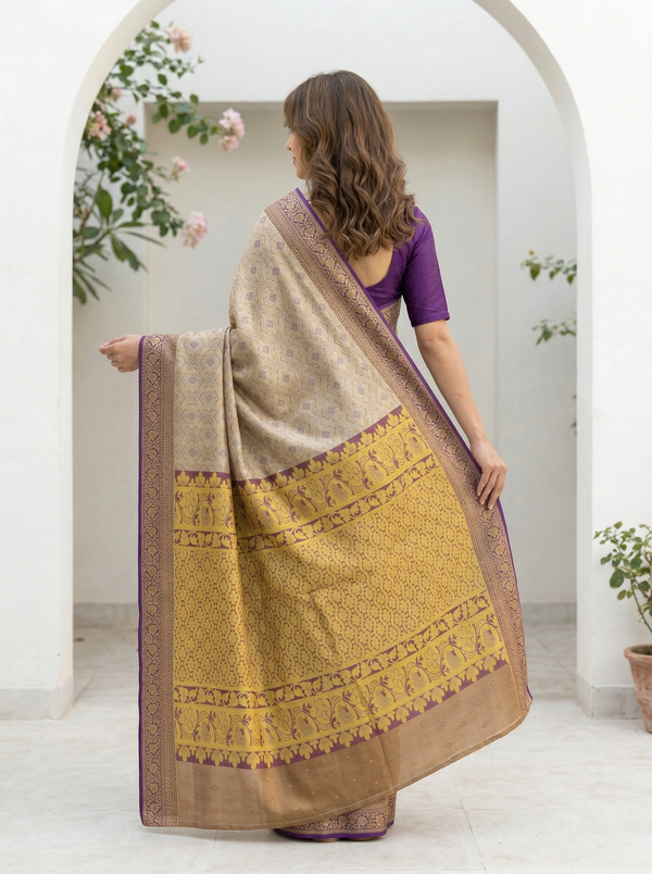Champagne Gold Mysore Inspired Semi Silk Saree with Medium Medium Contrast Border