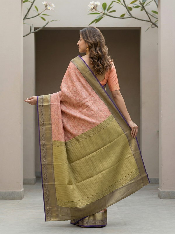 Dusty Rose Kanchipuram Inspired Semi Silk Saree with Wide Wide Contrast Border