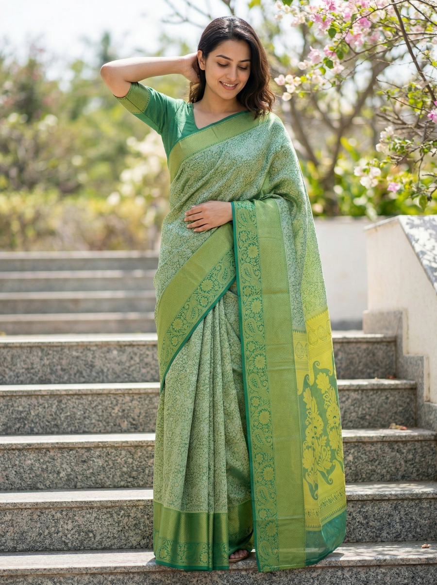 Sage Green Uppada Inspired Semi Silk Saree with Medium Medium Contrast Border