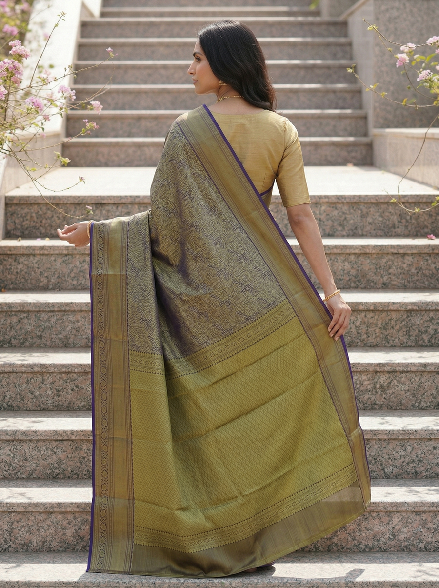Antique Olive Kanchipuram Inspired Semi Silk Saree with Medium Medium Contrast Border