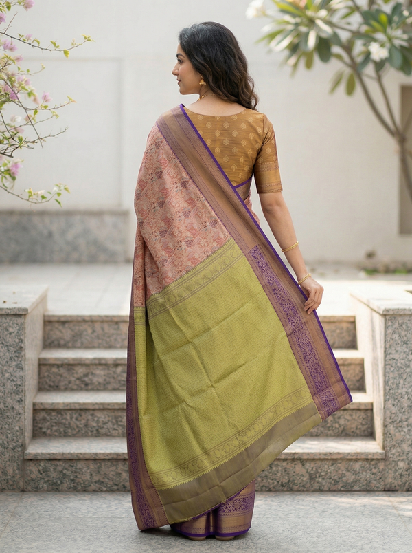 Blush Pink Dharmavaram Inspired Semi Silk Saree with Wide Wide Contrast Border