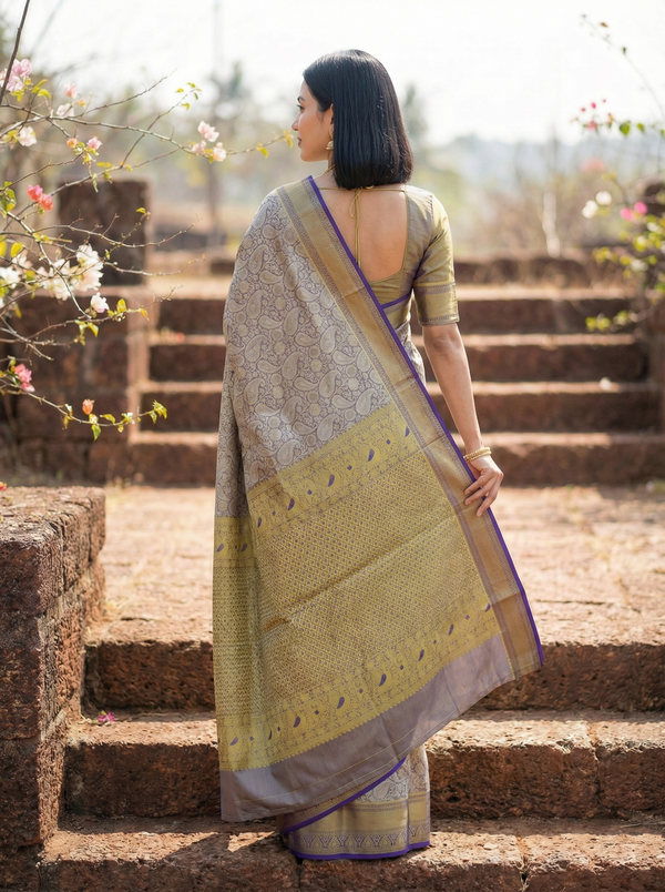 Olive Green Dharmavaram Inspired Semi Silk Saree with Medium Medium Contrast Border