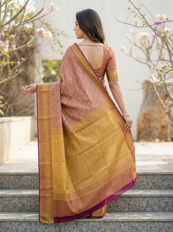 Burnt Sienna Kanchipuram Inspired Semi Silk Saree with Medium Medium Contrast Border