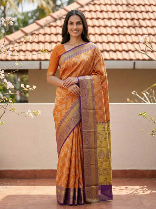 Burnt Orange Dharmavaram Inspired Semi Silk Saree with Wide Wide Contrast Border