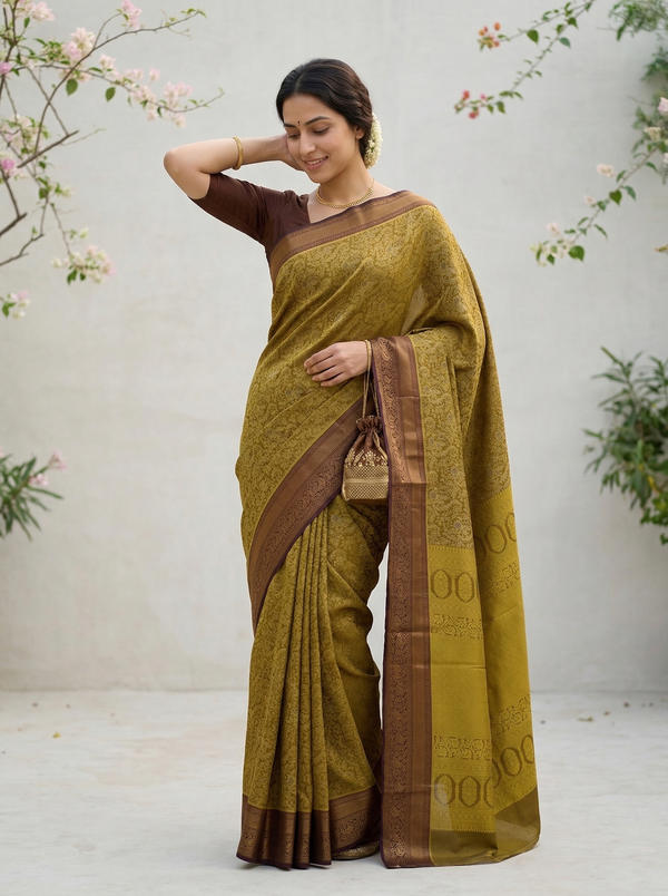 Champagne Gold Kanchipuram Inspired Semi Silk Saree with Wide Medium Contrast Border