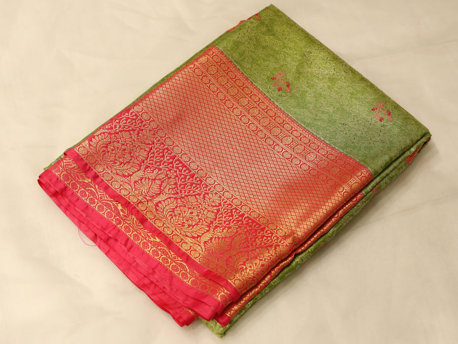 Sage Green Kanchipuram Inspired Semi Silk Saree with Wide Wide Contrast Border