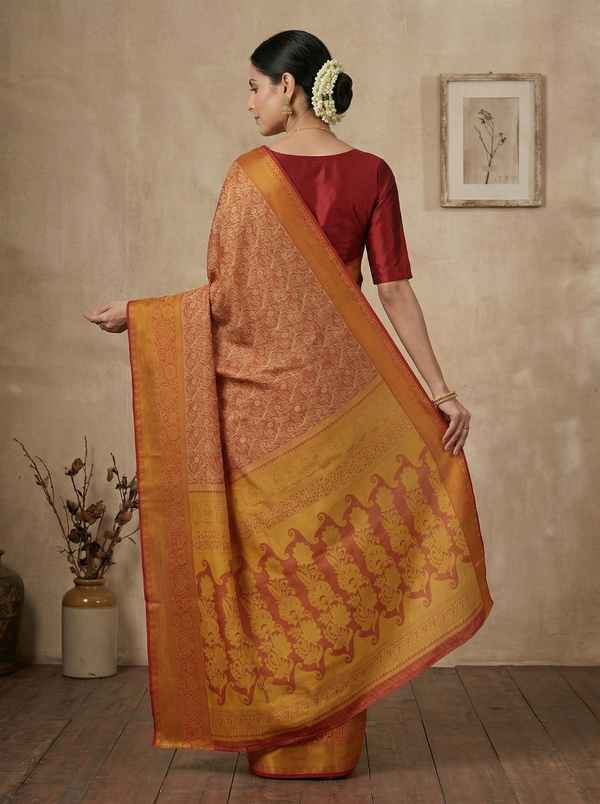 Burnt Orange Dharmavaram Inspired Semi Silk Saree with Wide Wide Contrast Border